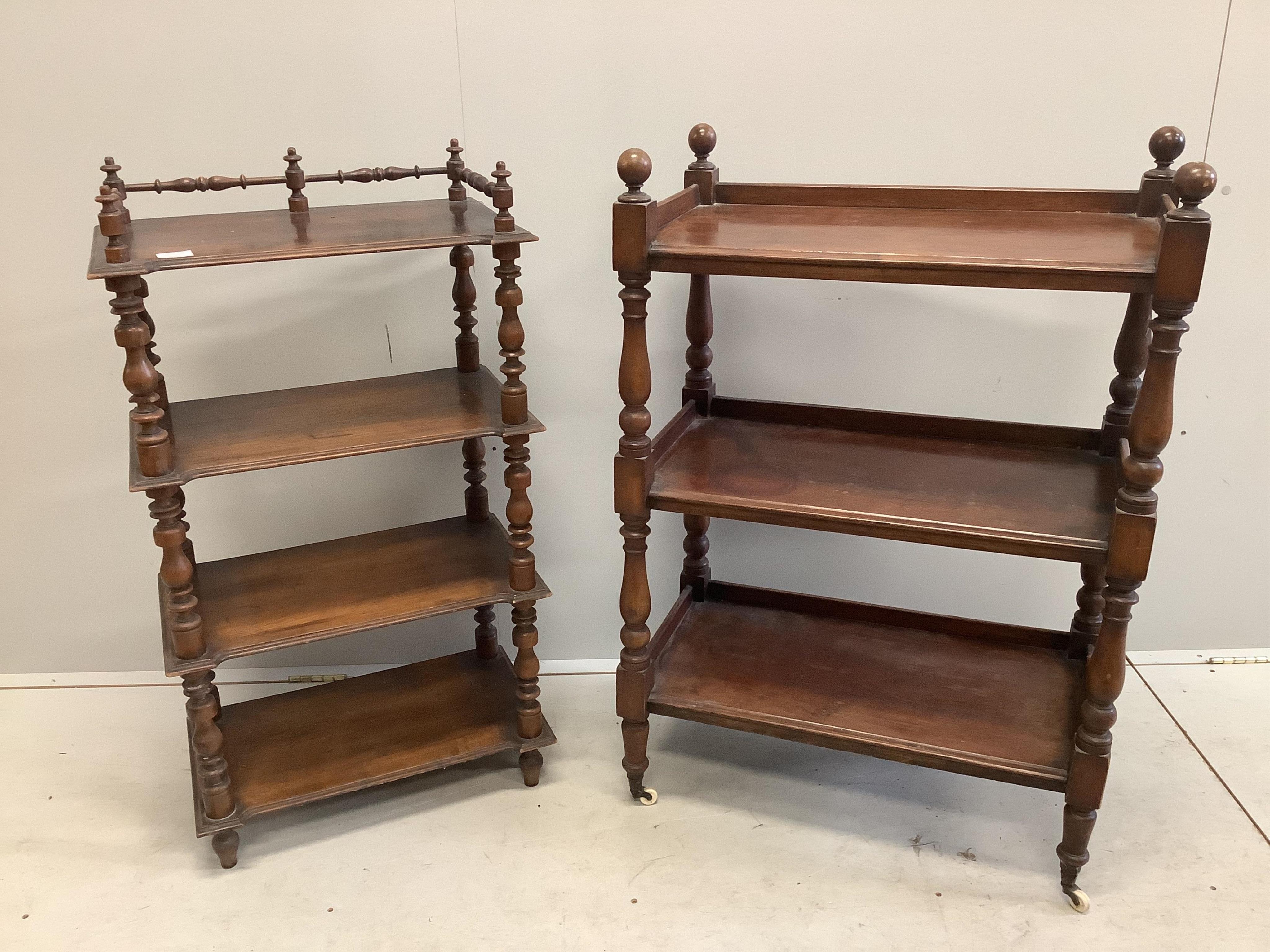 A small late Victorian mahogany three tier buffet, width 70cm, depth 38cm, height 103cm, together with a late Victorian mahogany four tier whatnot. Condition - fair